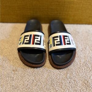 Fendi Black Slides with White Multicolor FF Strap